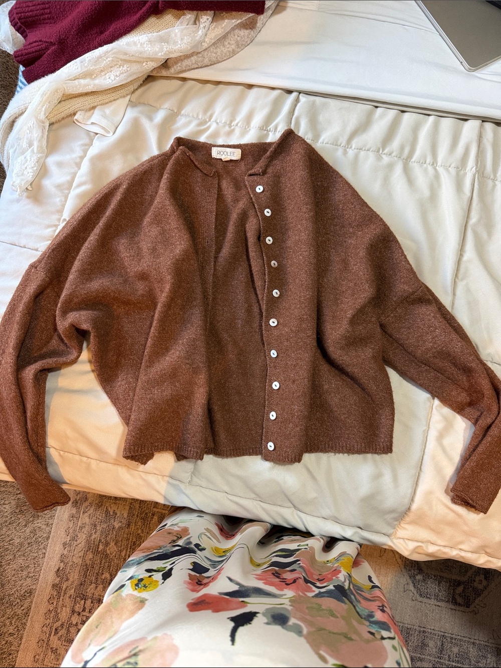 Roolee Chestnut Brown Open-Front Button Accent Cardigan